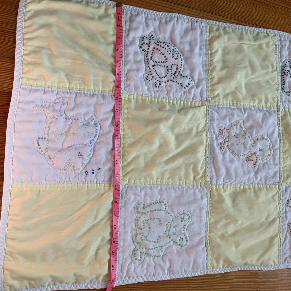 VTG Handmade Cross Stitch Baby Nursery Quilt Handmade Yellow 22x32 Dog Cat Duck